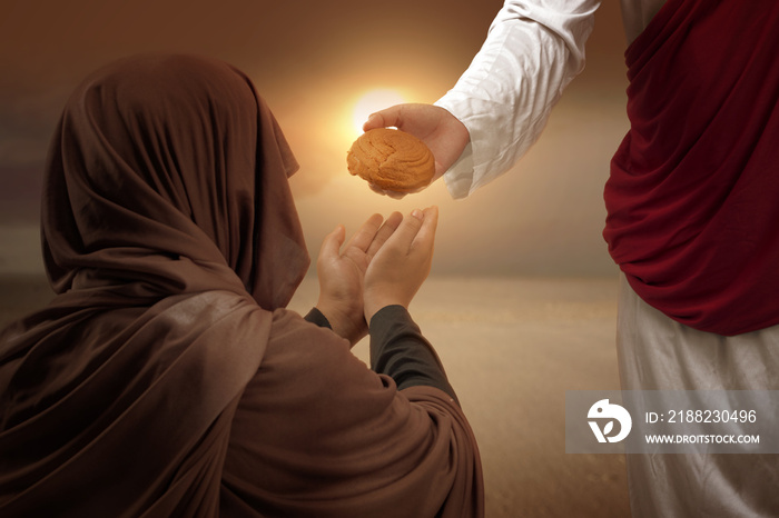 Jesus Christ with open palm giving food to others