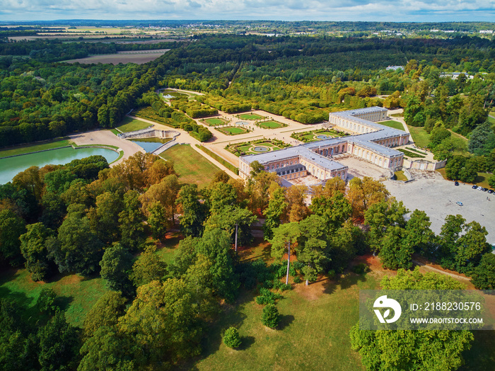 Aerial scenic view of Grand Trianon palace in the Gardens of Versailles, Paris, France