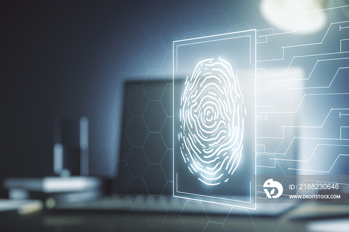 Multi exposure of creative fingerprint hologram on laptop background, personal biometric data concept