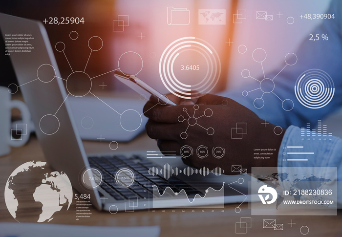 Modern Technologies. Analytic information diagram layered over black businessman working in office