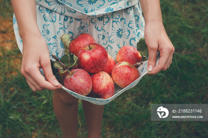 Girl holds apples in skirt hemline