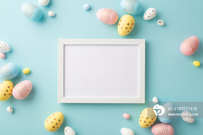 Easter party concept. Top view photo of empty photo frame and colorful easter eggs on isolated pastel blue background with copyspace