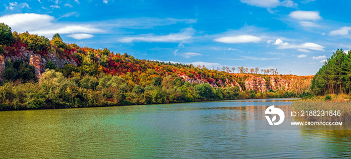 Autumn colors on lake. Rusenski Lom Natural Park, Ruse district, Bulgaria.