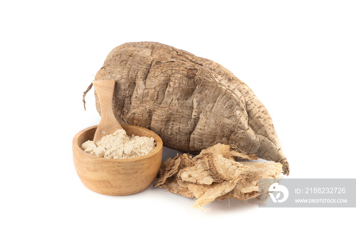 Pueraria mirifica or white kwao krua fruit ,dried slices and powder isolated on background.