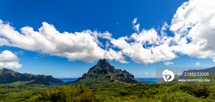 Panoramic view from Belvedere Lookout of Mount Rotui, Moorea French Polynesia