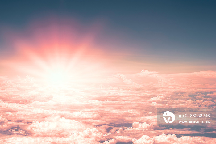 View from air plane window, Sun over the cloud, Retro pink effect picture style,