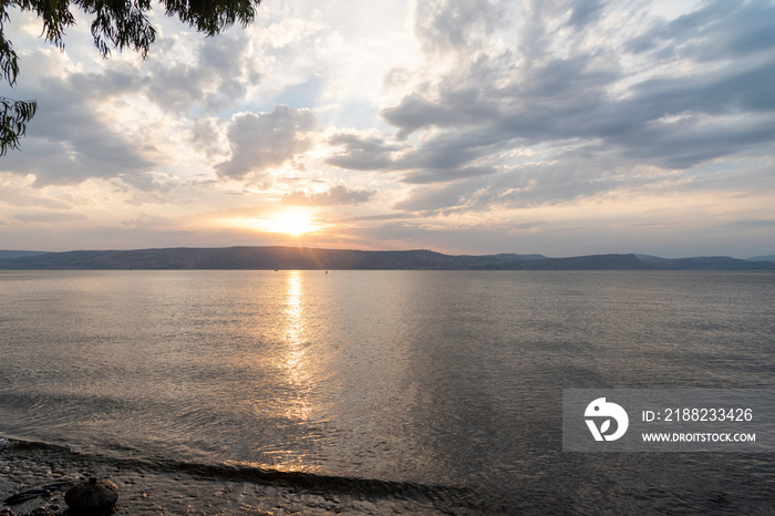 Sunset over the Sea of Galilee and Golan Heights. High quality photo.