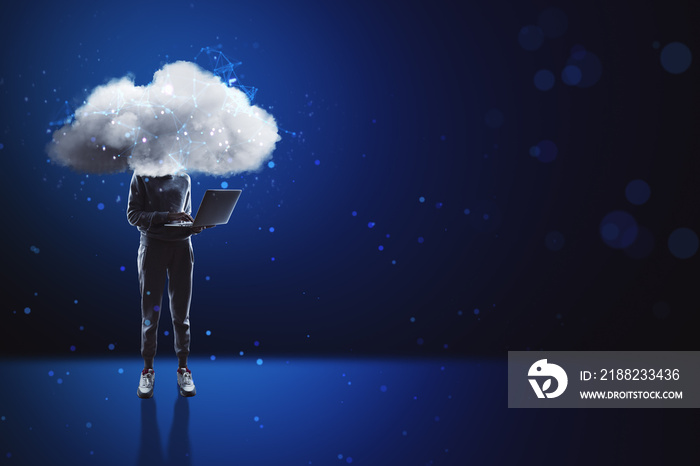 Cloud headed hacker with laptop standing on abstract blue bokeh interior background with mock up place. Sky is the limit, motivation concept.