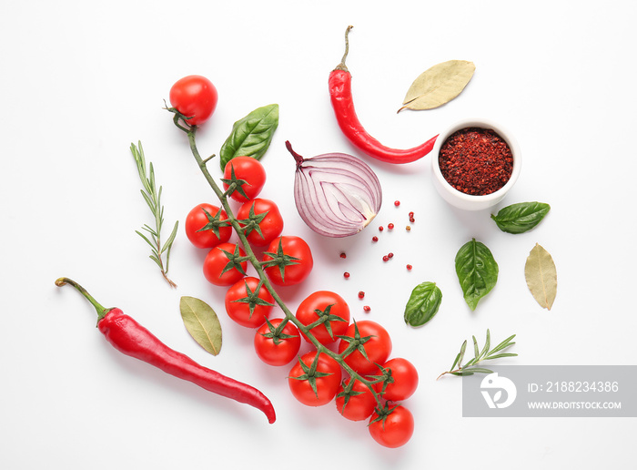 Composition with vegetables, herbs and spices on white background