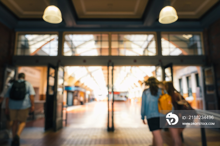 Blur image of People passing through Wellington Railway Station, New Zealand