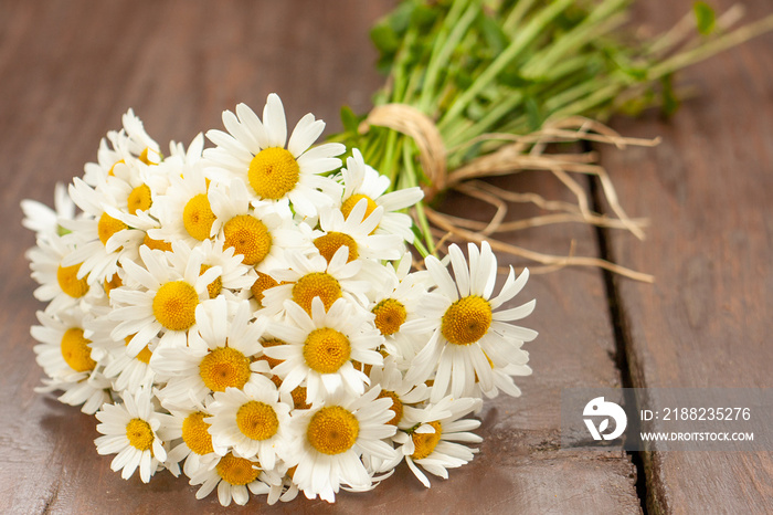 A white and yellow bouquet of freshly picked wild daisy flowers from a natural meadow and garden tied with a natural decorative raffia string. Presented on a table outdoors on a dark wooden surface.