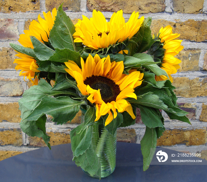 A bunch of sunflowers in a glass vase.