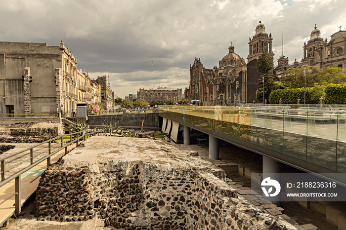 Ruins of Templo Mayor in the center of Mexico city, Mexico