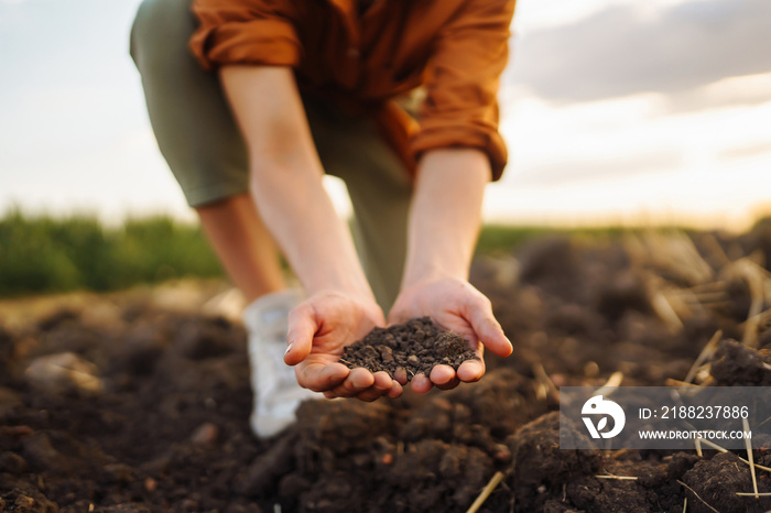 Expert hand of farmer woman  checking soil health before growth a seed of vegetable or plant seedling. Agriculture, gardening or ecology concept.