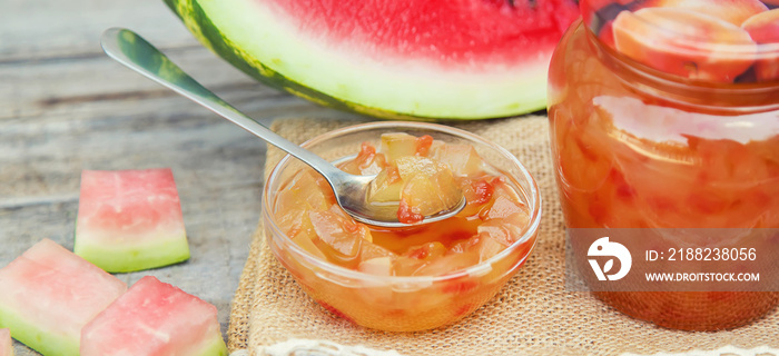 Watermelon peel jam in jars. Selective focus.