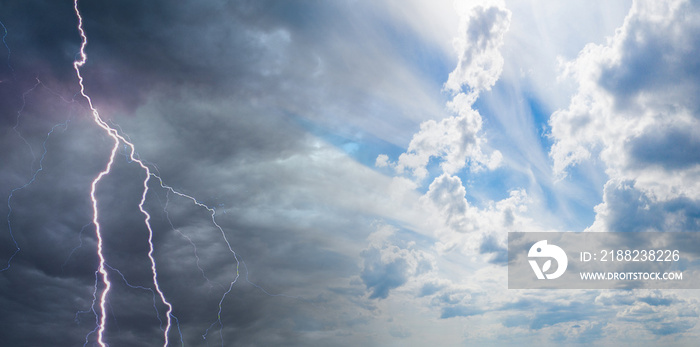 Thunderstorm and blue cloudy sky. Metaphor - a variety of conditions. Changing conditions. Actions in different circumstances.