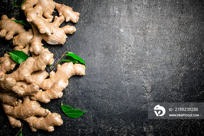 Fresh ginger root with leaves.