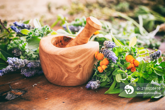 Variety of herbs and mortar on wooden background