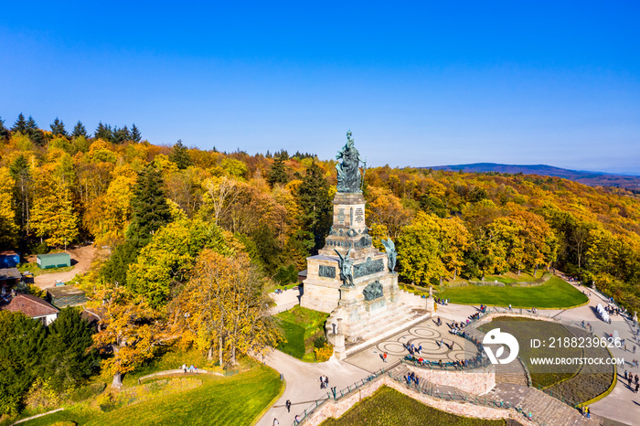 Aerial view, Niederwald monument in autumnal vineyards, UNESCO World Heritage Site, Rüdesheim, Upper Middle Rhine Valley, Hesse, Germany,