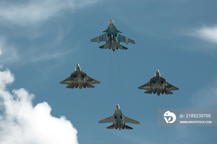 Group of jet fighters make a figure in air during airshow. Aerobatic formation