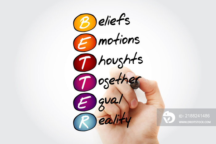 BETTER - Beliefs Emotions Thoughts Together Equal Reality, acronym with marker, concept background