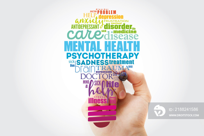 Mental health bulb word cloud collage with marker, health concept background