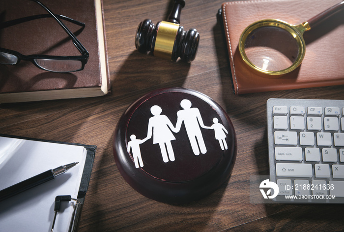 Paper cut family, judge gavel, book and other objects. Family Law