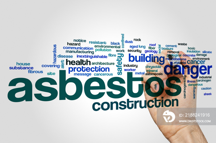 Asbestos word cloud concept on grey background