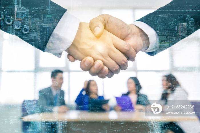 Double exposure of business Handshake with new york manhattan skyline building background