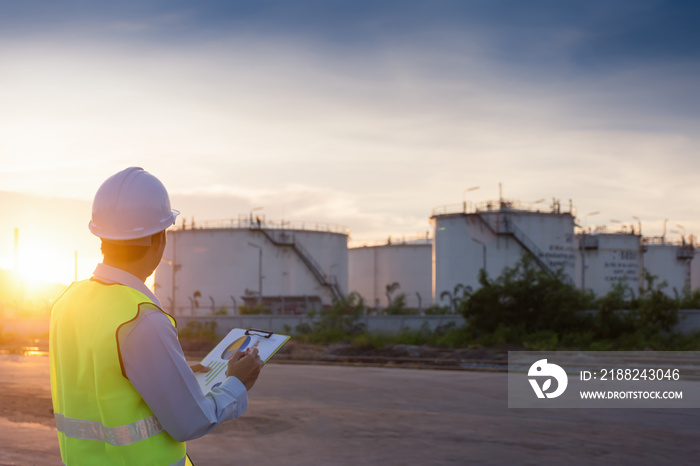 Engineer writing on the paper in front of the oil tank