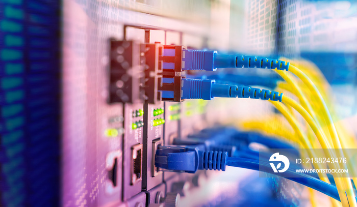 Fiber Optic cables connected to optic ports and UTP, Network cables connected to ethernet ports