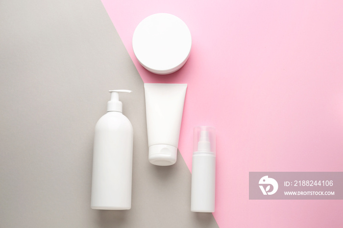 Set of cosmetic products on color background