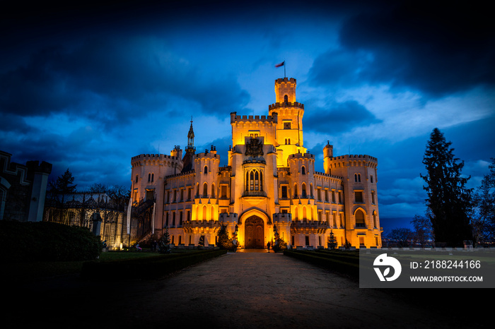 Night over Castle Hluboka nad Vltavou in Czech republic.