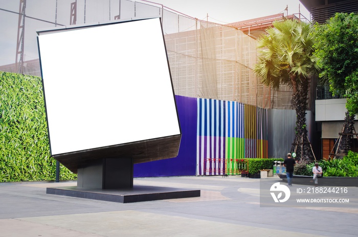 cube shaped blank showcase billboard or advertising light box for your text message or media content at open air shopping center, advertisement, commercial and marketing concept