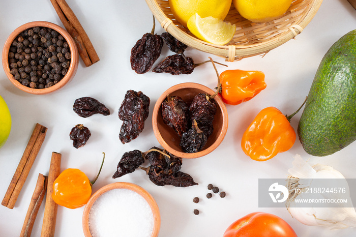 A top down view of dried habanero chiles.