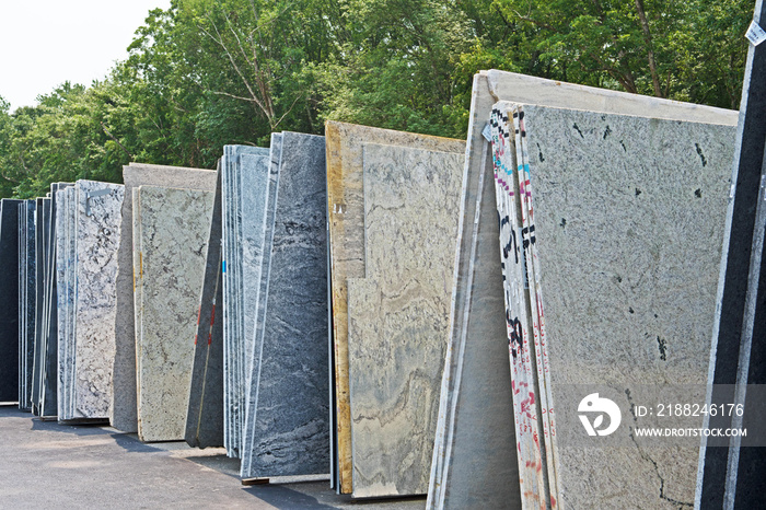 Slabs of granite and quartz are stacked up to facilitate inspection by buyers looking for new countertops.