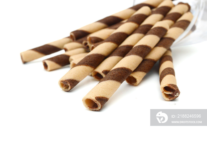 wafer rolls with chocolate isolated on white background