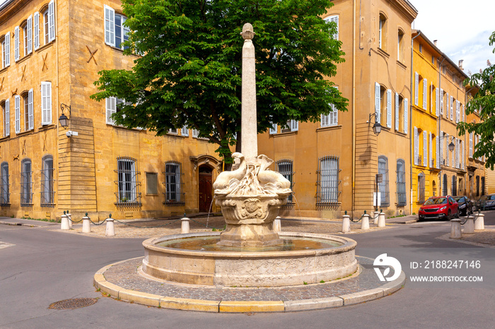 Aix-en-Provence. The square and the fountain of four dolphins on a sunny day.