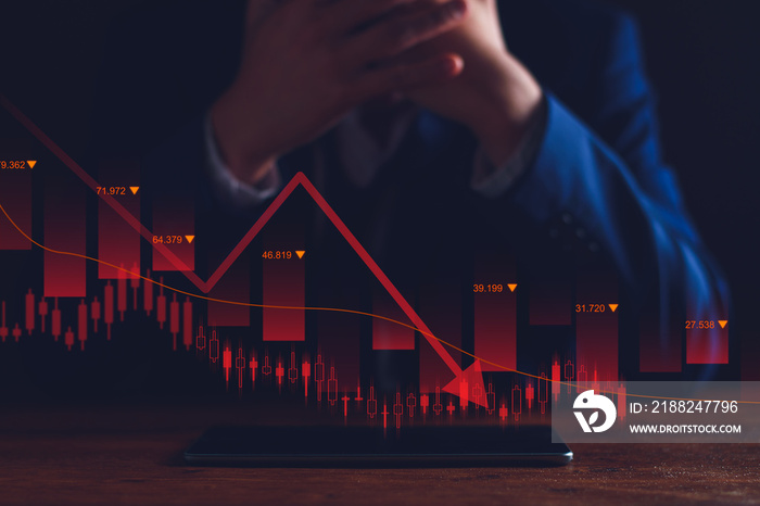 Property values ​​are steadily declining. Unhappy businessman, business downturn. company stocks fall in value, economic crisis, global economy slows down, trading drops, high risk investments.