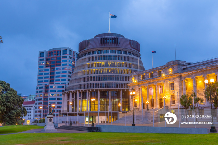 Sunset view of New Zealand Parliament Buildings in Wellington