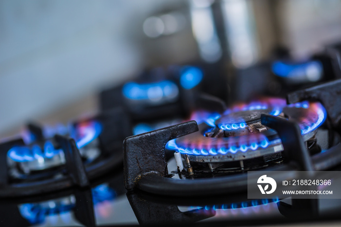 Close-up kitchen stove cook with blue flames burning