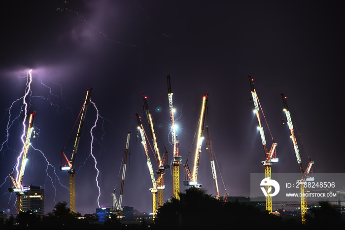 Lightning storm over construction site