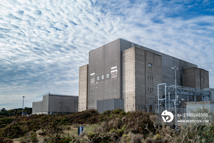 De-commissioned nuclear power generation plant showing is concrete structure and rusted metal structures. Seen next to the Sizewell B reactor.