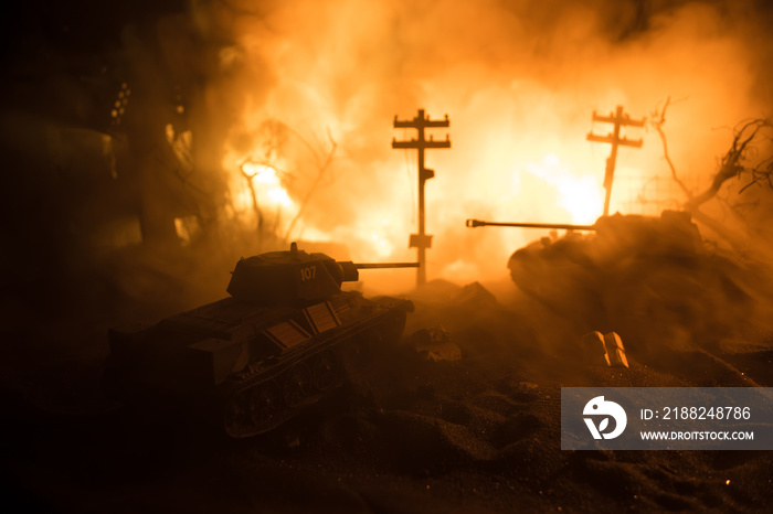 War Concept. Military silhouettes fighting scene on war fog sky background, World War Soldiers Silhouette Below Cloudy Skyline At night. Battle in ruined city. Selective focus