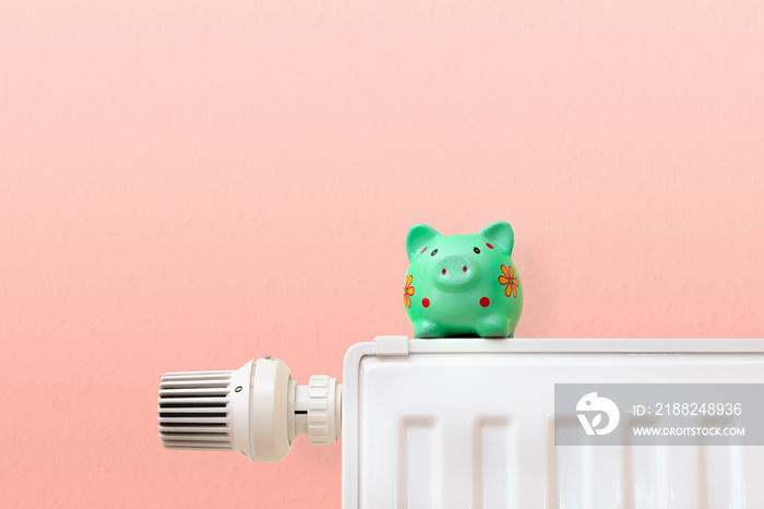 heating costs, green piggy bank on heating radiator