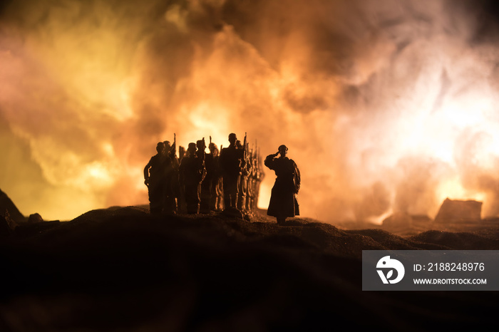 War Concept. Military silhouettes fighting scene on war fog sky background, World War Soldiers Silhouette Below Cloudy Skyline At night. Battle in ruined city.