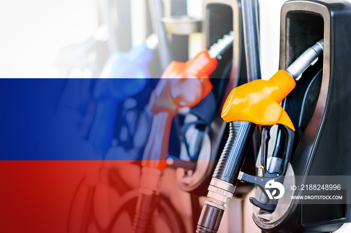 Colorful Petrol pump filling nozzles, Russia oil and gas sanctions concept