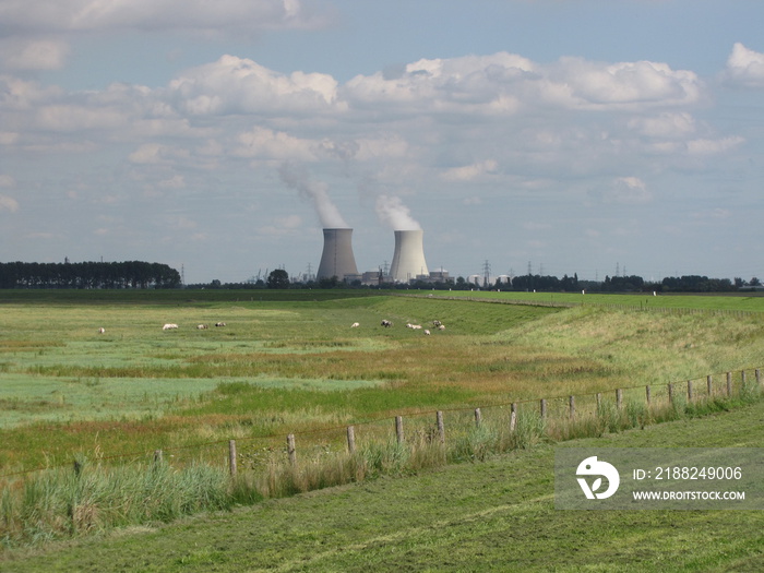 two cooling towers of doel, belgium behind the salt marsh area of the saeftinghe in springtime