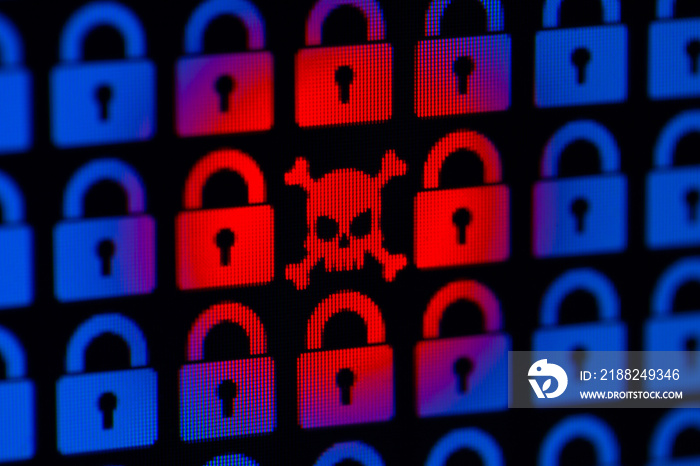 Skull and bone as a symbol of hacking programs or personal information and data. Cyber crime. Blue pixel padlock lock and red skull with bones on a black background, close-up