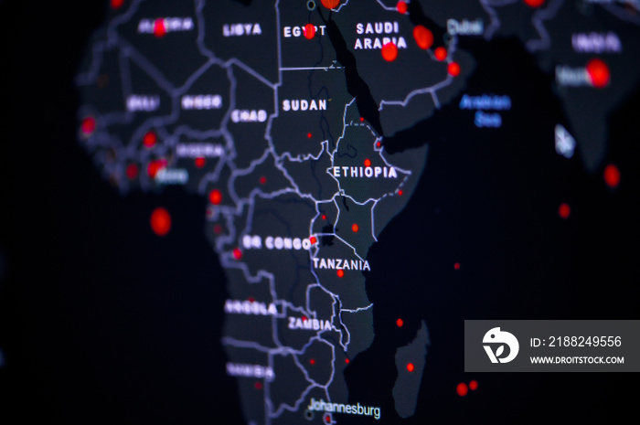 Africa. Coronavirus COVID-19 global cases Map. World map on monitor display.